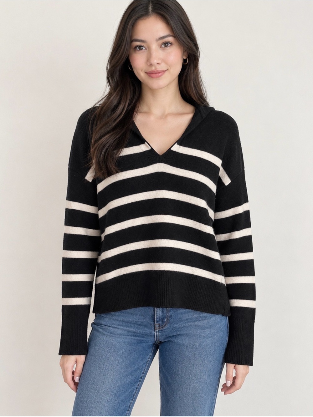 Banana Republic Black and Cream Striped V-Neck Sweater